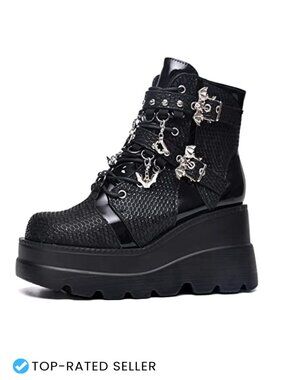 Goth Platform Ankle Boots Chunky Heel Side Zip Lace Up Wedge Booties w/ Fleece